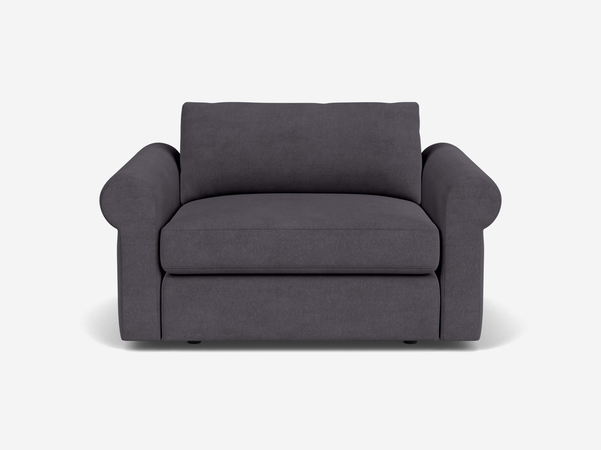 Front view of grey wide armchair with roll arms